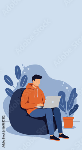 Casual young man focused on his laptop, working or studying comfortably from a beanbag chair at home. Ideal for remote work, freelance, and modern digital lifestyle concepts.