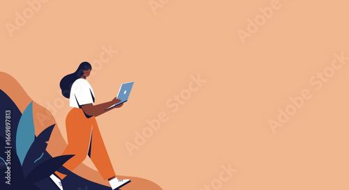 Confident woman uses a laptop while walking amidst stylized nature, symbolizing remote work, digital freedom, and modern connectivity. Ideal for business, technology, or lifestyle concepts.
