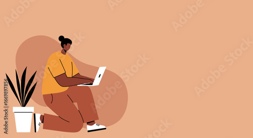 Casual person works on laptop at home, symbolizing remote work, online education, and digital lifestyle. Perfect for business, tech, and freelance themes.