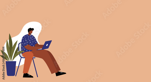 Man working remotely on laptop in a relaxed, minimalist home office setup with a plant. Ideal for modern business, digital lifestyle, or online learning concepts.