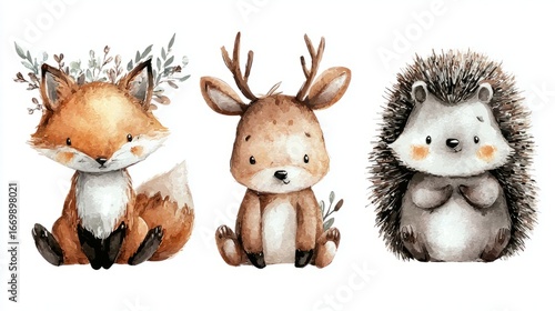 An endearing trio of woodland creatures, each exuding unique charm, comes to life through delicate watercolor artistry, inviting viewers into a world of whimsical wonder.