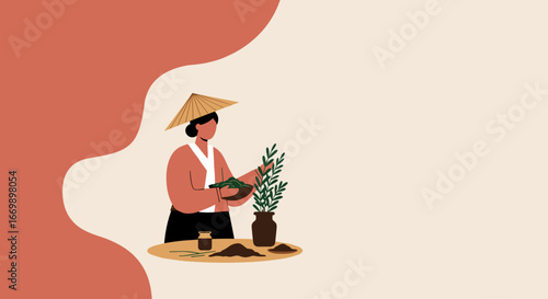 Traditional Asian woman in a conical hat preparing fresh tea leaves for wellness and a healthy lifestyle.