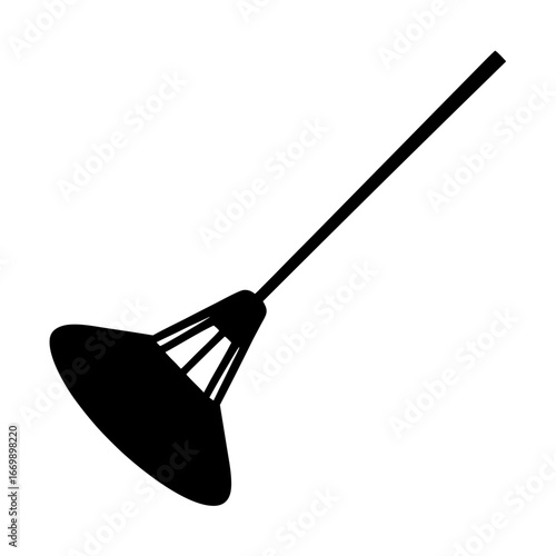 Black silhouette of a rake with a long handle and a triangular head