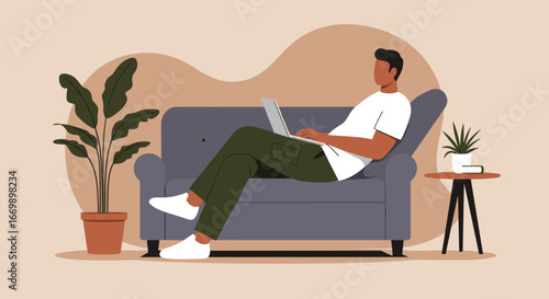 Man working remotely on laptop from a comfortable home couch, embodying flexible work, online learning, or casual leisure.