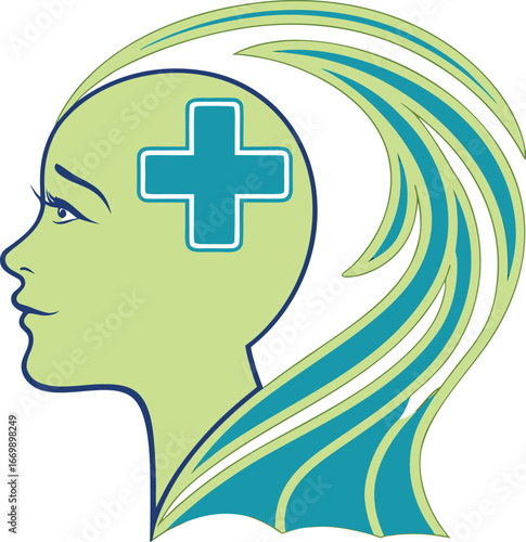 Vector art of human head profile with medical cross and abstract waves
