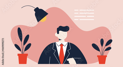 Fotografie Professional man in a suit working in an office environment, highlighted by a desk lamp and potted plants