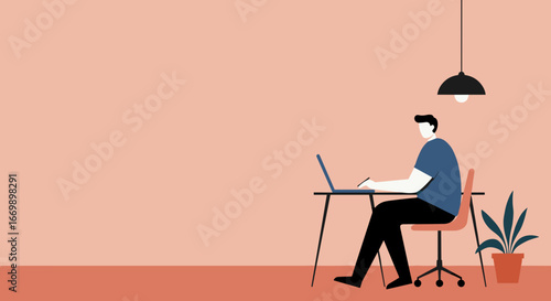 Man working remotely from home or office with laptop and pen. Represents productivity, online learning, creative work, or freelance lifestyle.