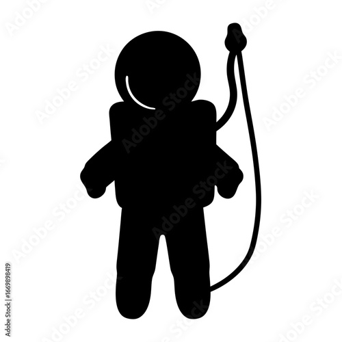 Silhouette of astronaut figure standing with hose attachment, full body view