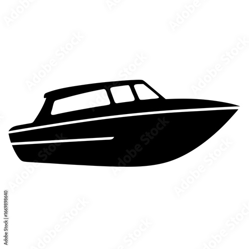 Black and white silhouette illustration of a modern cabin cruiser boat