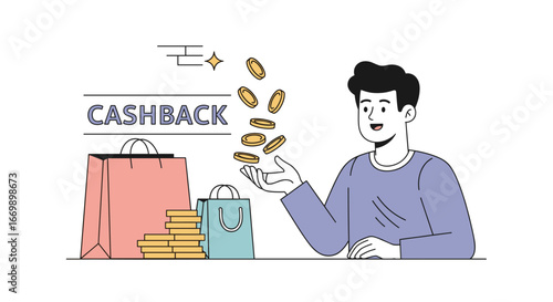 cashback concept vector illustration, man with coins, shopping bags, modern flat style design
