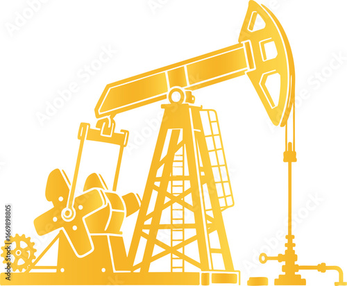 Golden silhouette of oil pump jack, black vector, white background