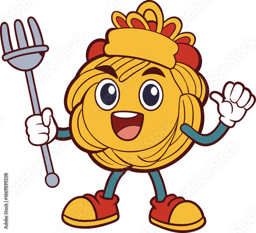 spaghetti with fork cartoon mascot illustration.eps