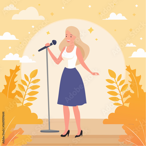 Beautiful blonde girl with microphone singing