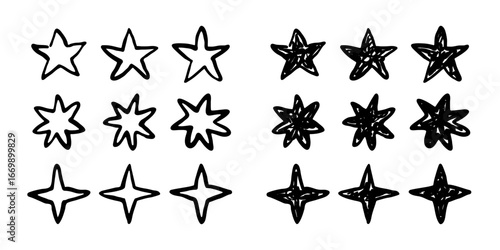 Hand drawn scribble stars set isolated on white. Stars of different shape, black outline and filled silhouettes in doodle style, childish marker drawing. Vector clipart for night sky illustration.