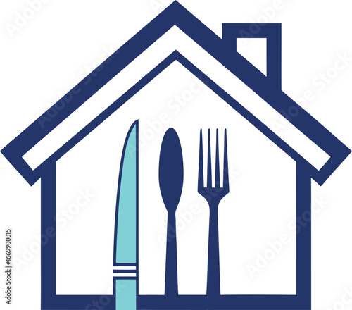 Vector art of house outline with fork, knife, and spoon inside