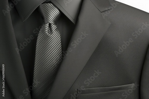 Close-up of black suit and tie, formal business attire, professional clothing detail