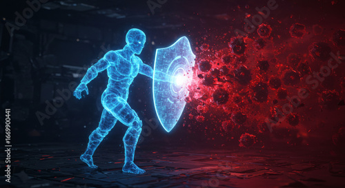 Futuristic concept of the immune system as a digital human figure using an energy shield to defend against an attacking virus swarm