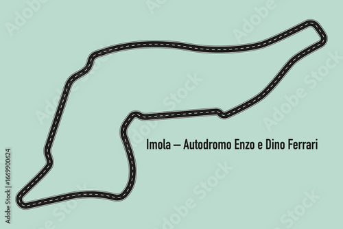 Imola race circuit layout on green background. Technical Formula 1 track with iconic curves and sleek design. Ideal for motorsport visuals.