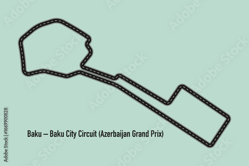 Baku Grand Prix circuit layout on green background. Fast Formula 1 street track with sharp turns and long straights. Ideal for motorsport visuals.
