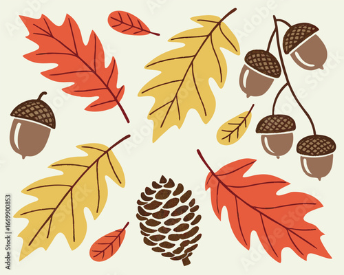 Vector art of autumn leaves and acorns scattered on a light background