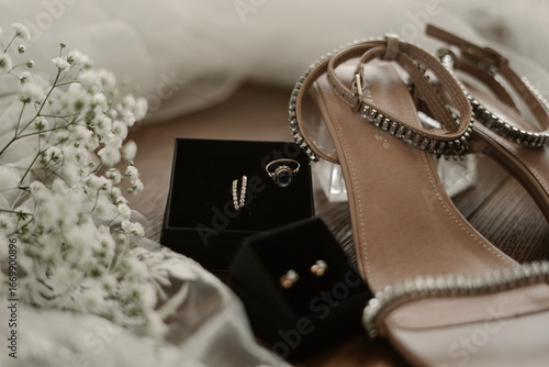 Rustic boho wedding with couple, decorations, flowers and celebration in vintage barn