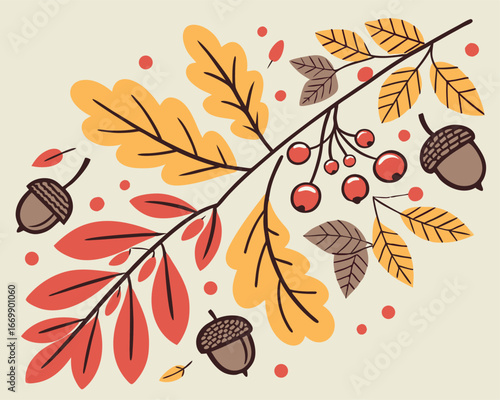 Vector art of autumn branch with acorns and berries, fall season illustration