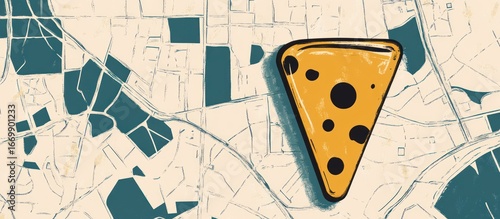 Pizza slice icon placed on a map, indicating a location.
