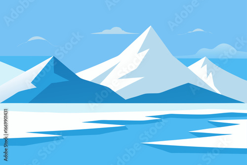 Vector illustration of a winter mountain landscape with snow and ice, a beautiful arctic nature scene