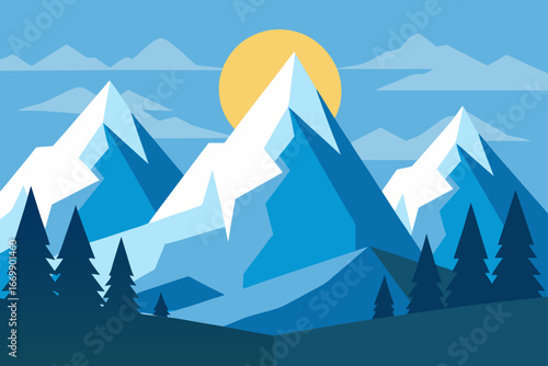 A beautiful vector illustration of a cold winter mountain landscape with snow-covered peaks, icy forests, and a blue sky