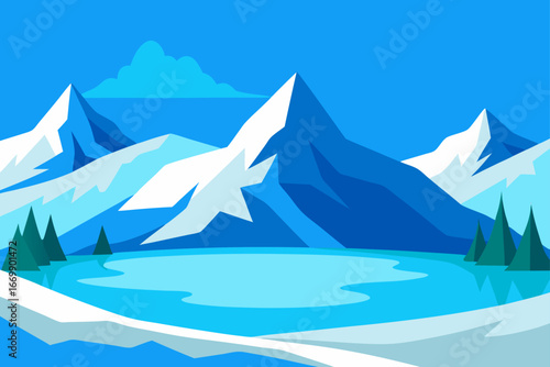 A stunning winter landscape illustration with snow-covered mountains, a serene sea, and a crisp blue sky