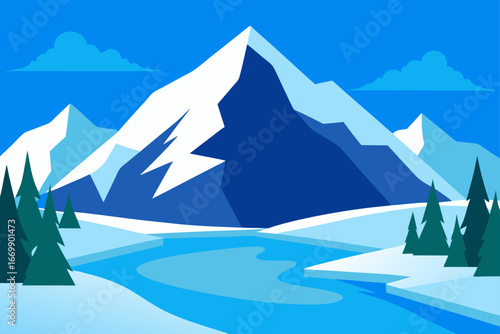 A snowy winter landscape of cold, high-peaked mountains and trees under a clear blue sky