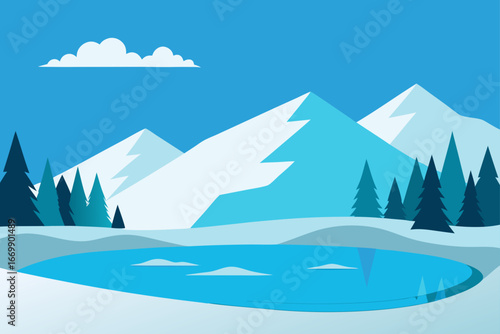 Vector illustration of a snowy winter mountain landscape with a blue sky and trees