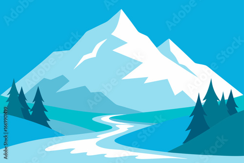 A snowy winter landscape with high mountains and trees under a clear blue sky