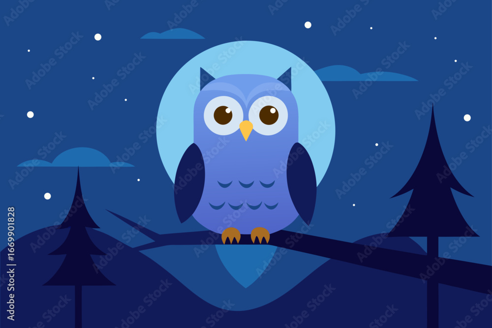 Naklejka premium A cute cartoon owl couple perched on a moonlit tree branch against a blue night sky