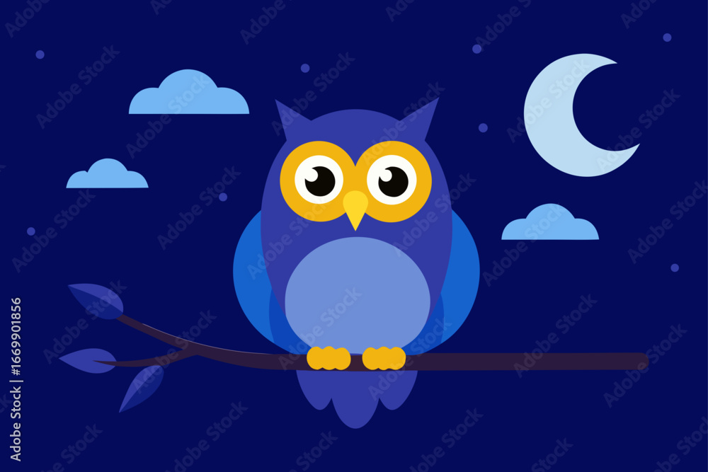 Fototapeta premium A funny cartoon illustration of a cute baby owl sitting on a branch under a full moon