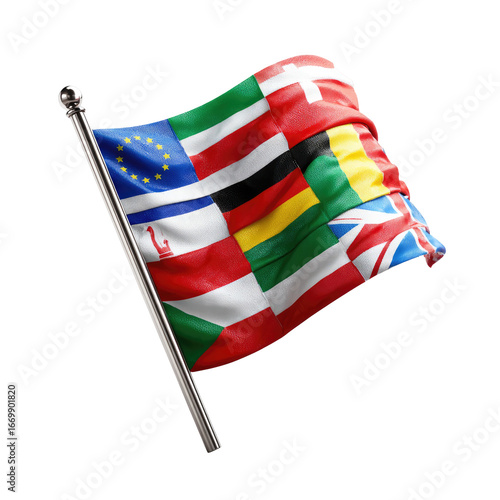 Collage of waving flags representing European countries on a pole