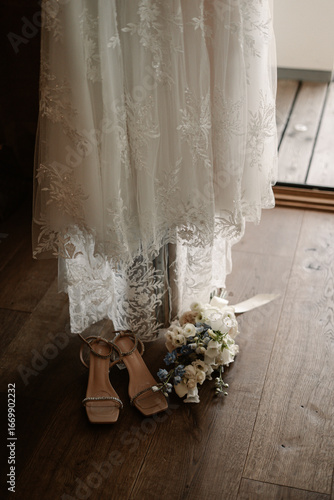 Rustic boho wedding with couple, decorations, flowers and celebration in vintage barn