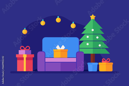 Christmas night winter snow scene with a beautifully decorated Christmas tree and gifts in front of a cozy house, a perfect holiday celebration