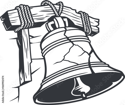 Vector art of cracked liberty bell hanging on wooden beam with rope