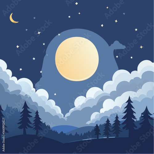 Dark starry night, cluds and full moon