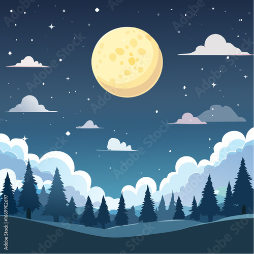 Dark starry night, cluds and full moon