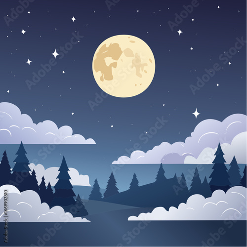 Dark starry night, cluds and full moon