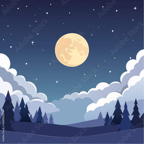 Dark starry night, cluds and full moon