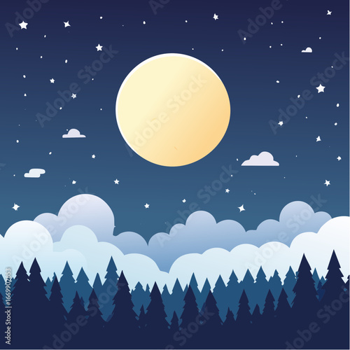 Dark starry night, cluds and full moon