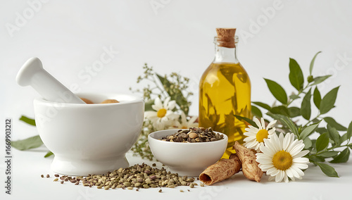 Fototapeta Naklejka Na Ścianę i Meble -  Herbs and spices with mortar and pestle on a white background