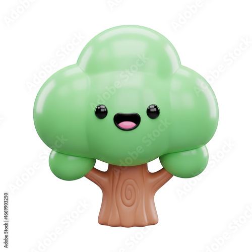 A cheerful, cartoon-style tree with a smiling face and expressive eyes.