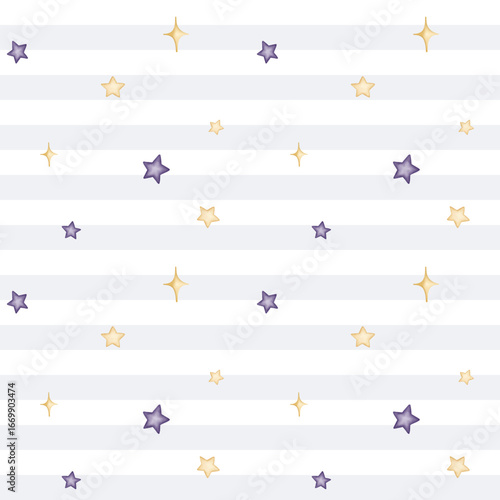 Watercolor seamless pattern with purple and yellow stars. Gentle decorative background for dreamy magical design