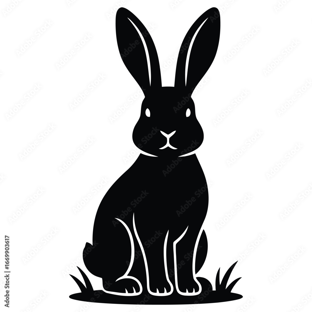 Fototapeta premium Minimalist black rabbit silhouette with upright ears isolated on white background