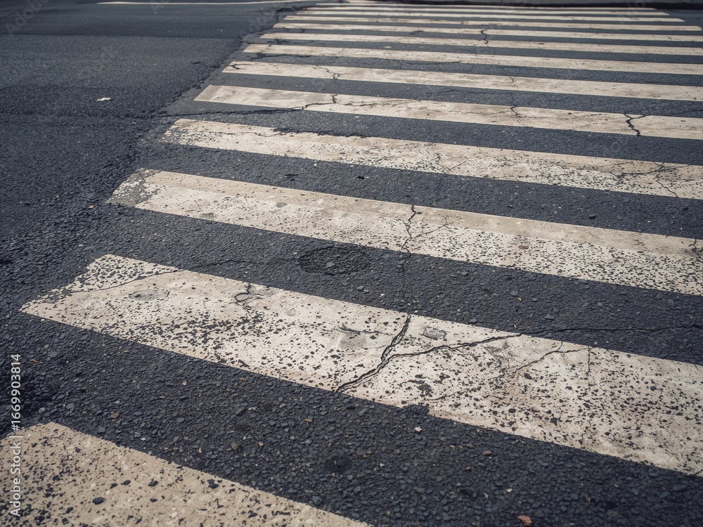 Obraz premium Abstract Urban Crossing. Textured Asphalt and Faded Stripes Perspective, Pavement Detail.