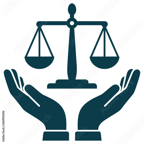 Dark grey silhouette of cupped hands holding a balanced scale of justice isolated on white background